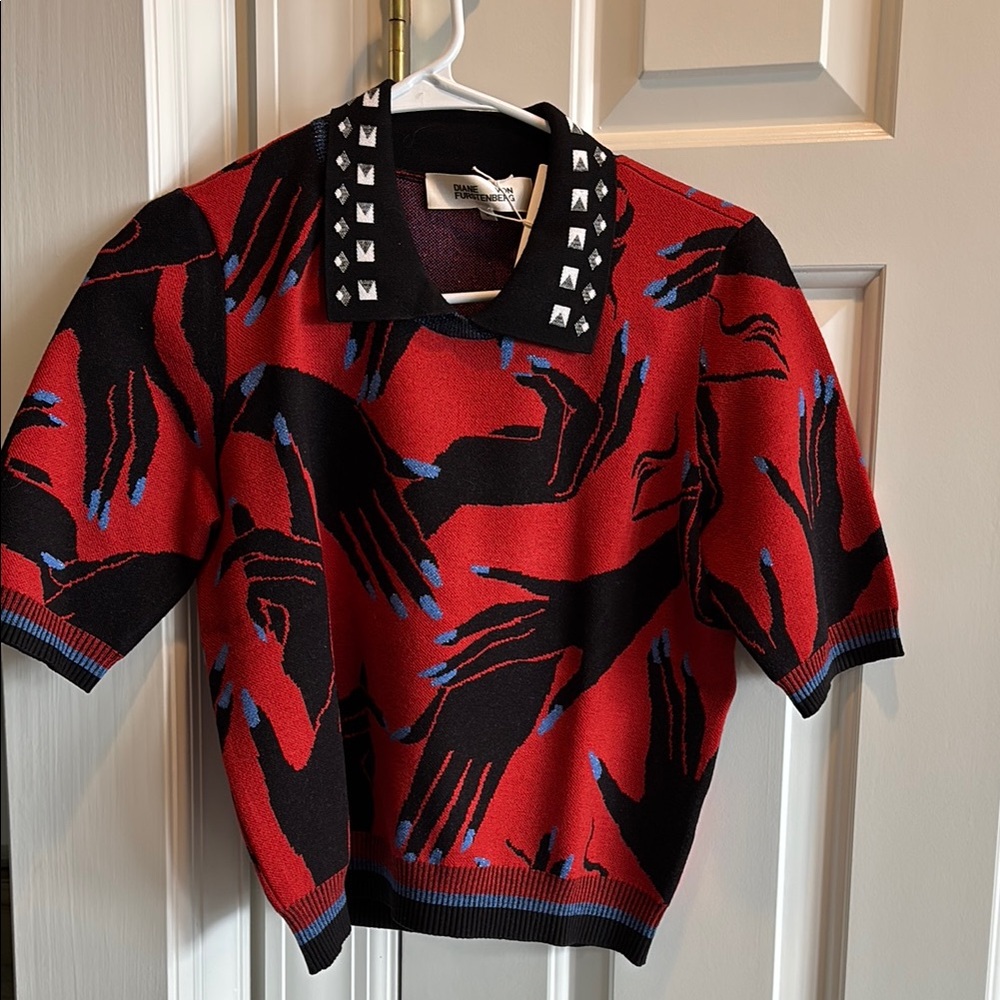 Diane Von Furstenberg Red and Black Graphic Knit Top